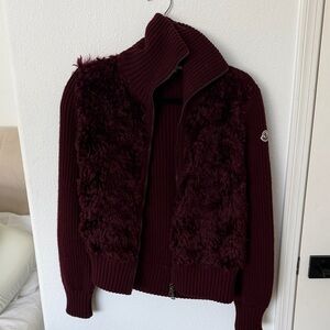 Moncler Deep Red Knit Cardigan with Fur Trim